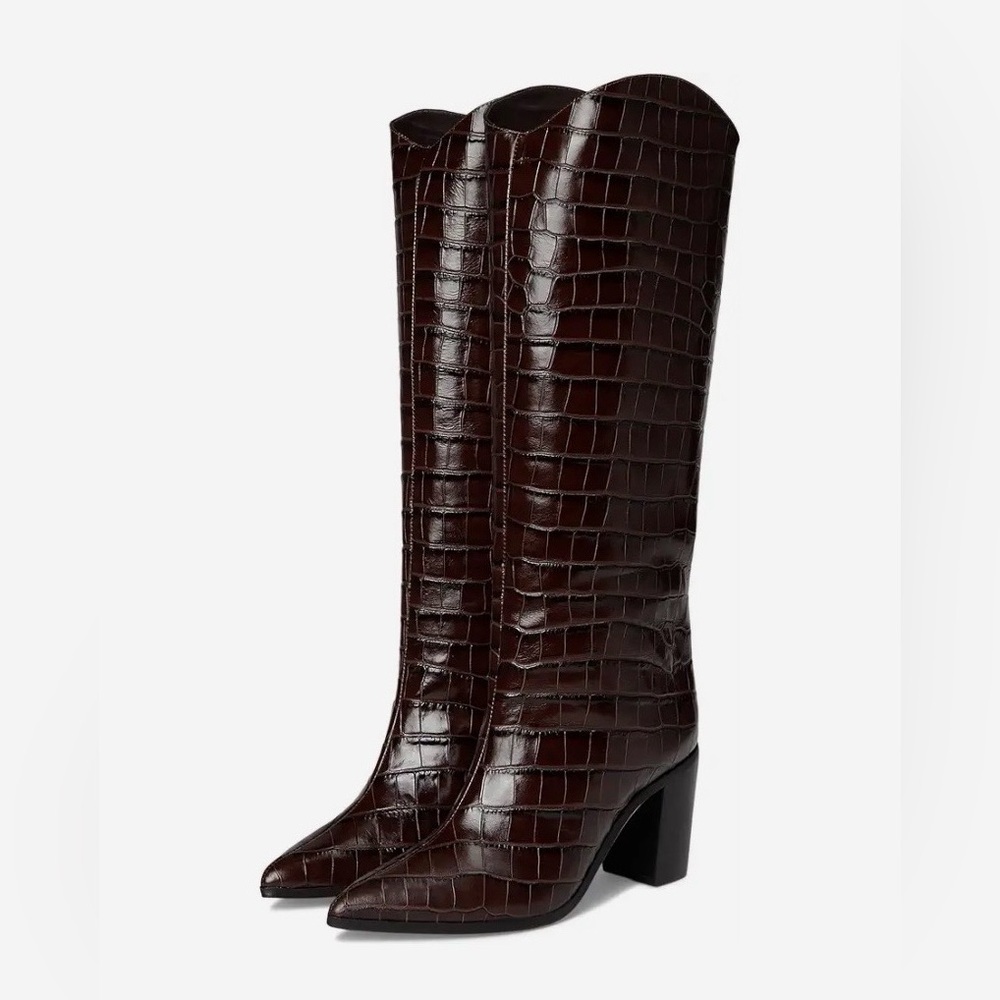 SCHUTZ Maryana Dark Brown Croc-Embossed Knee High Leather Boots Sz 9 Mob Wife